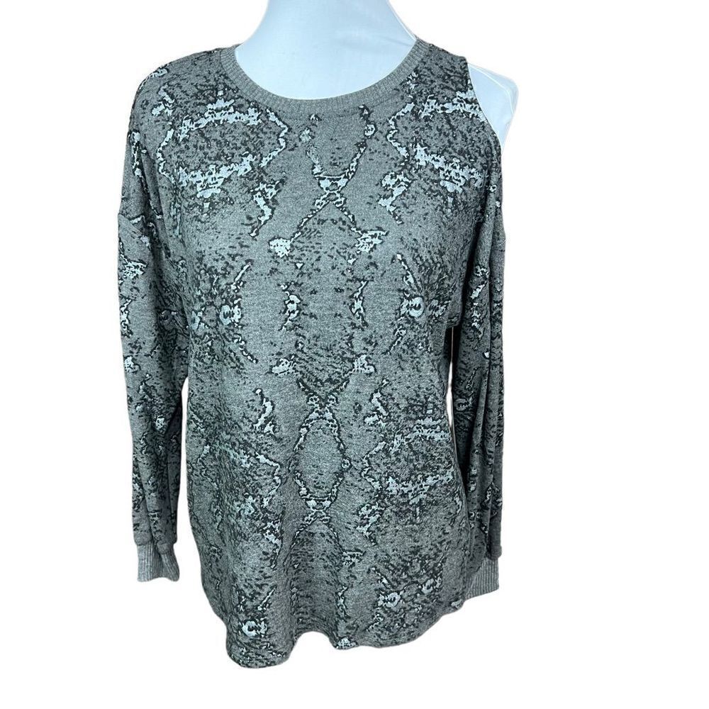 Vince Camuto Sweater Crew Neck Cold Shoulder Grey Black Foil Silver Print Small
